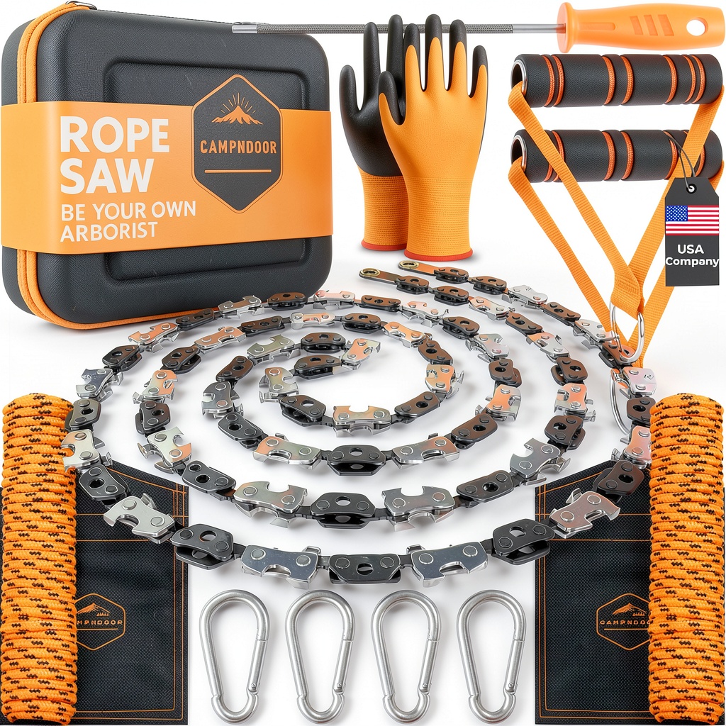 CAMPNDOOR rope chainsaw in use on a tree branch
