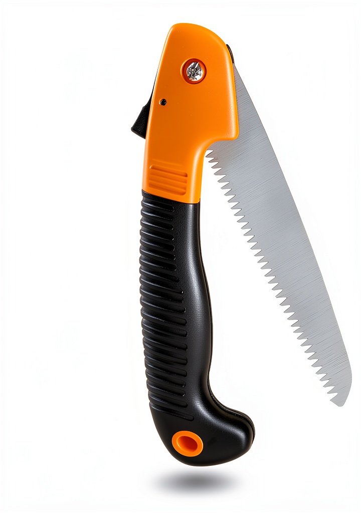 Fiskars folding saw being used on a campsite with a portable wooden log