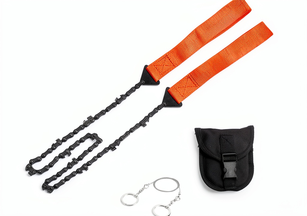 Luexian Pocket Chainsaw Orange High Speed Steel Camping folded next to a backpack
