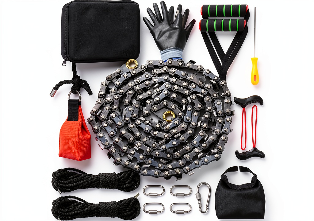 Oulisen rope chainsaw kit displayed with components on a grassy outdoor surface