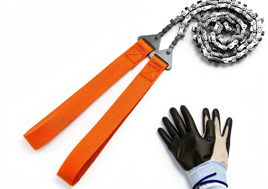 SENSILIN camping saw manual chainsaw displayed on a forest trail with a backpack beside it